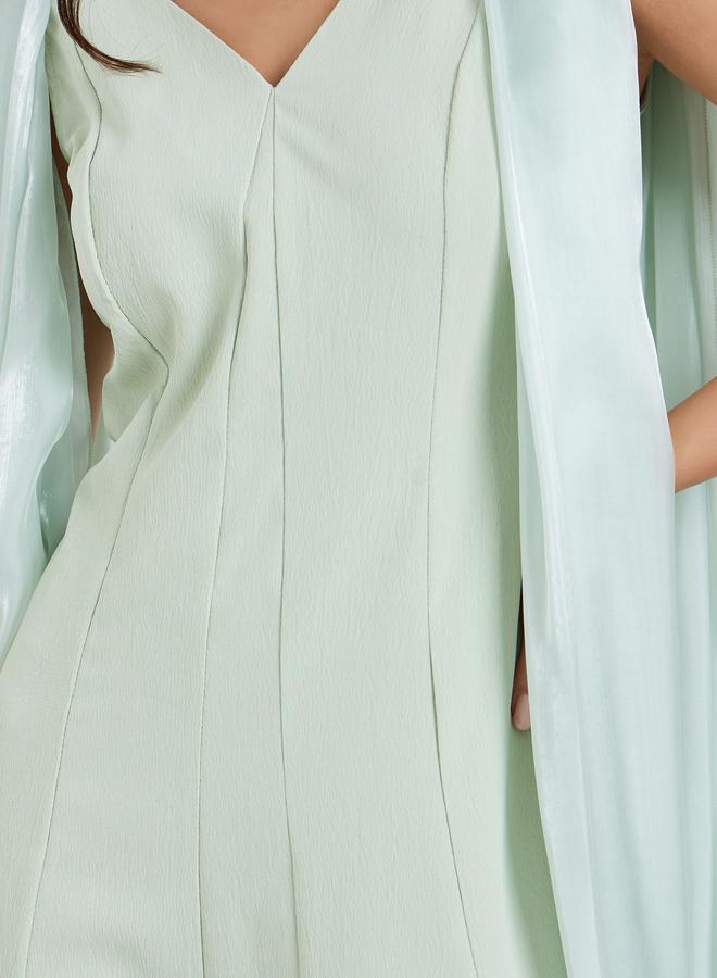 Styli Women Green Sleeveless Cape Detail A-Line Maxi Dress - Image 3